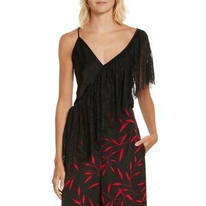 Diane von Furstenberg Womens Black Ruffle Lace V Neck Asymmetrical Top Sz M New